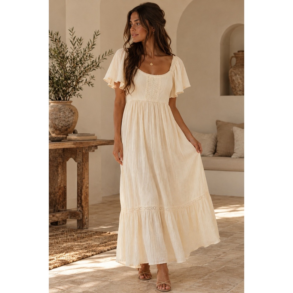 NWT In Loom Cream Lace Tiered Maxi Dress Cottagecore Boho Sweetheart Cream SizeM